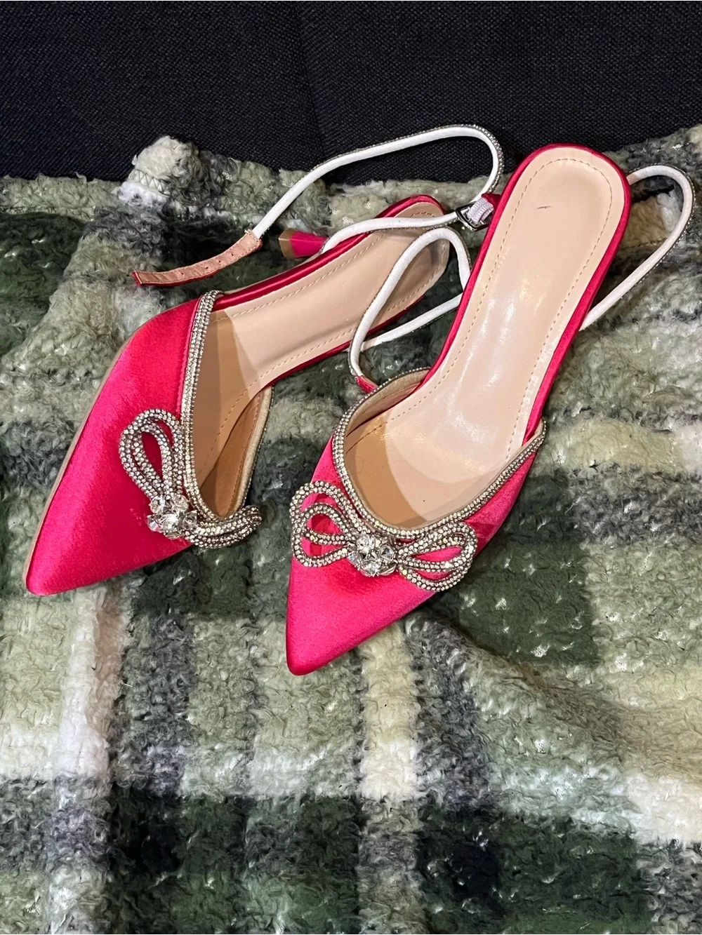 Fuchsia Pointed-Toe Satin Slingback Flats with Crystal Bow